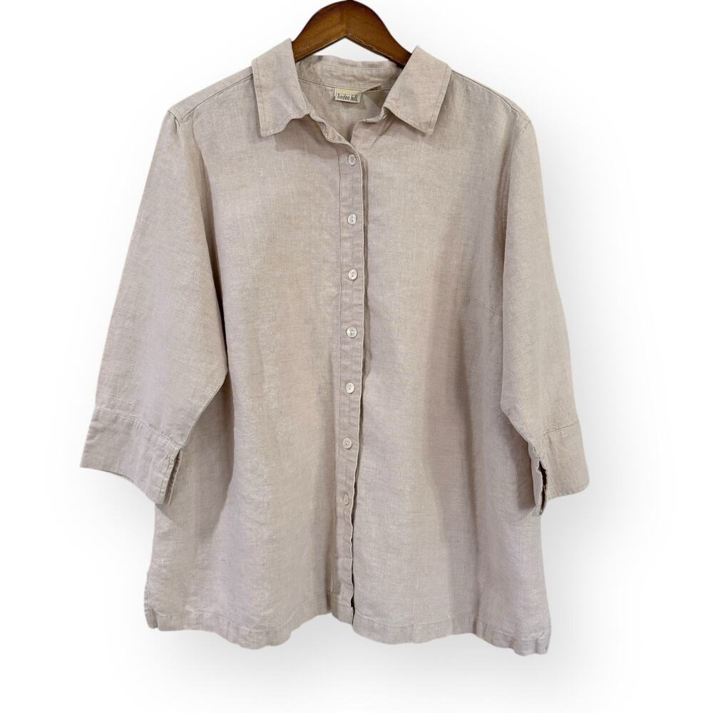 Linden Hill Womens X 100% Linen 3/4 Sleeves Button Down Shirt Beige Lagenlook